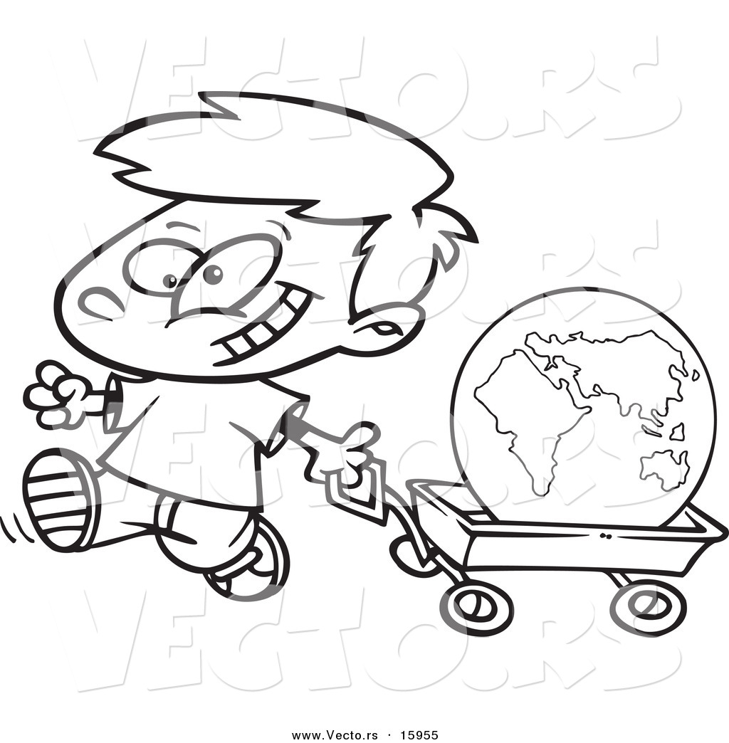 R of a cartoon happy boy pulling the globe in a wagon