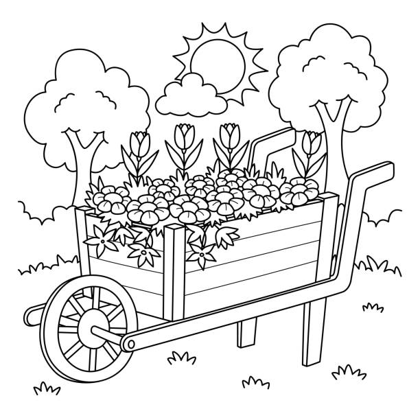 Wheelbarrow with flowers coloring page for kids stock illustration