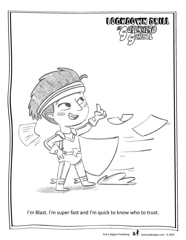 Set of coloring sheets from lockdown drill at superhero school pull a wagon