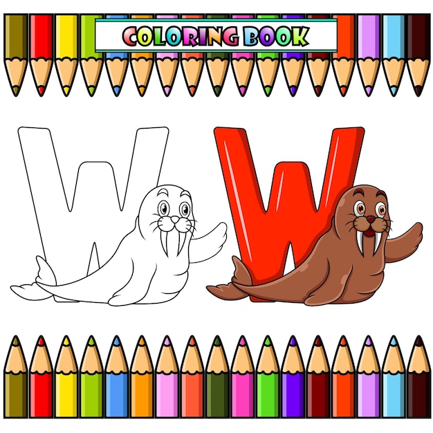 Premium vector coloring book illustration of w letter for walrus