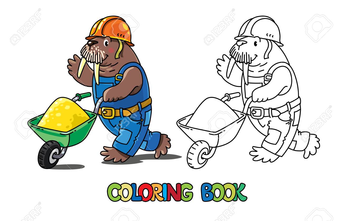 Walrus worker animal alphabet w for kids coloring book of little funny walrus in construction helmet and uniform with cart children vector illustration animal with profession abc royalty free svg cliparts vectors