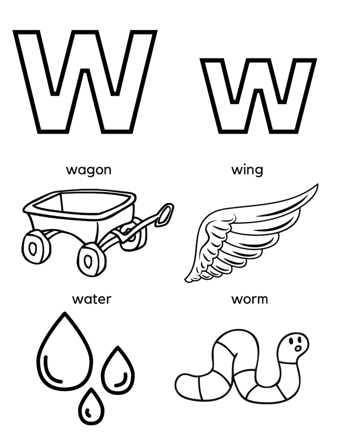 Letter w coloring page sound identification and tracing