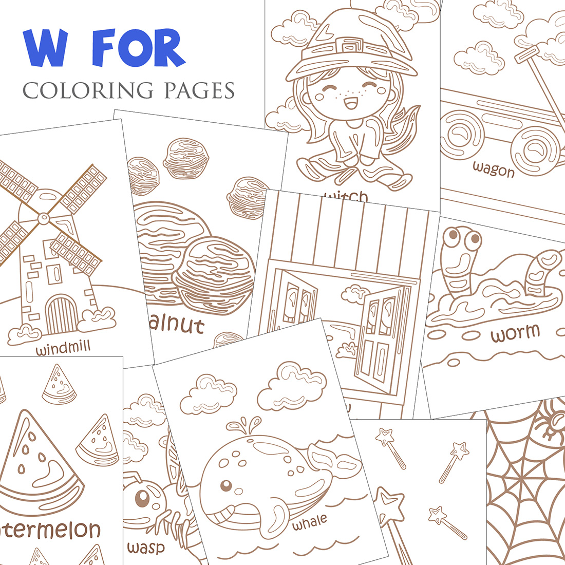 Alphabet w for vocabulary school letter reading writing font study learning student toodler kids witch wagon