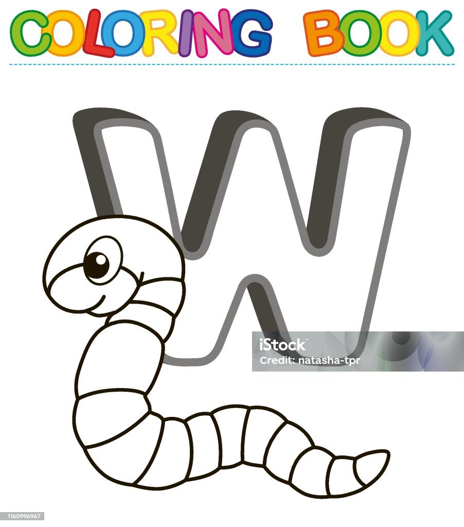 Vector coloring book alphabet with capital letters of the english and cute cartoon animals and things coloring page for kindergarten and preschool cards for learning english letter w worm stock illustration