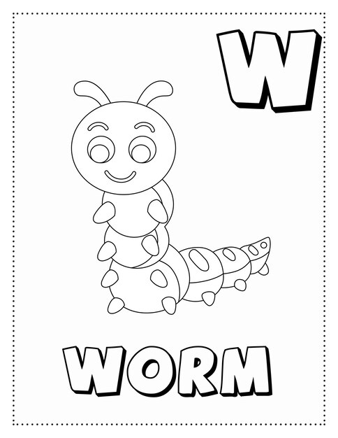 Premium vector letter w is for worm coloring page coloring book letter animals for kids