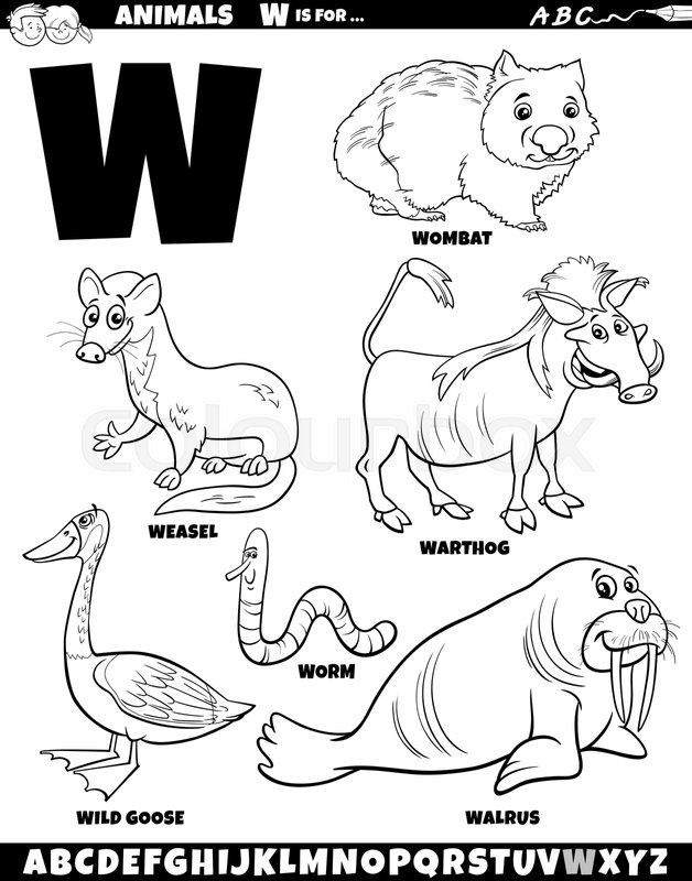 Cartoon animal characters for letter w set coloring page stock vector