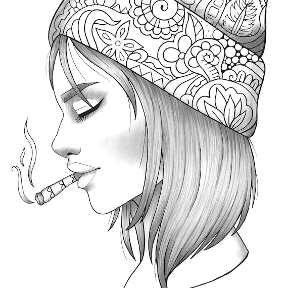 Adult coloring page girl portrait with knitted cap colouring sheet cigarette pdf printable anti