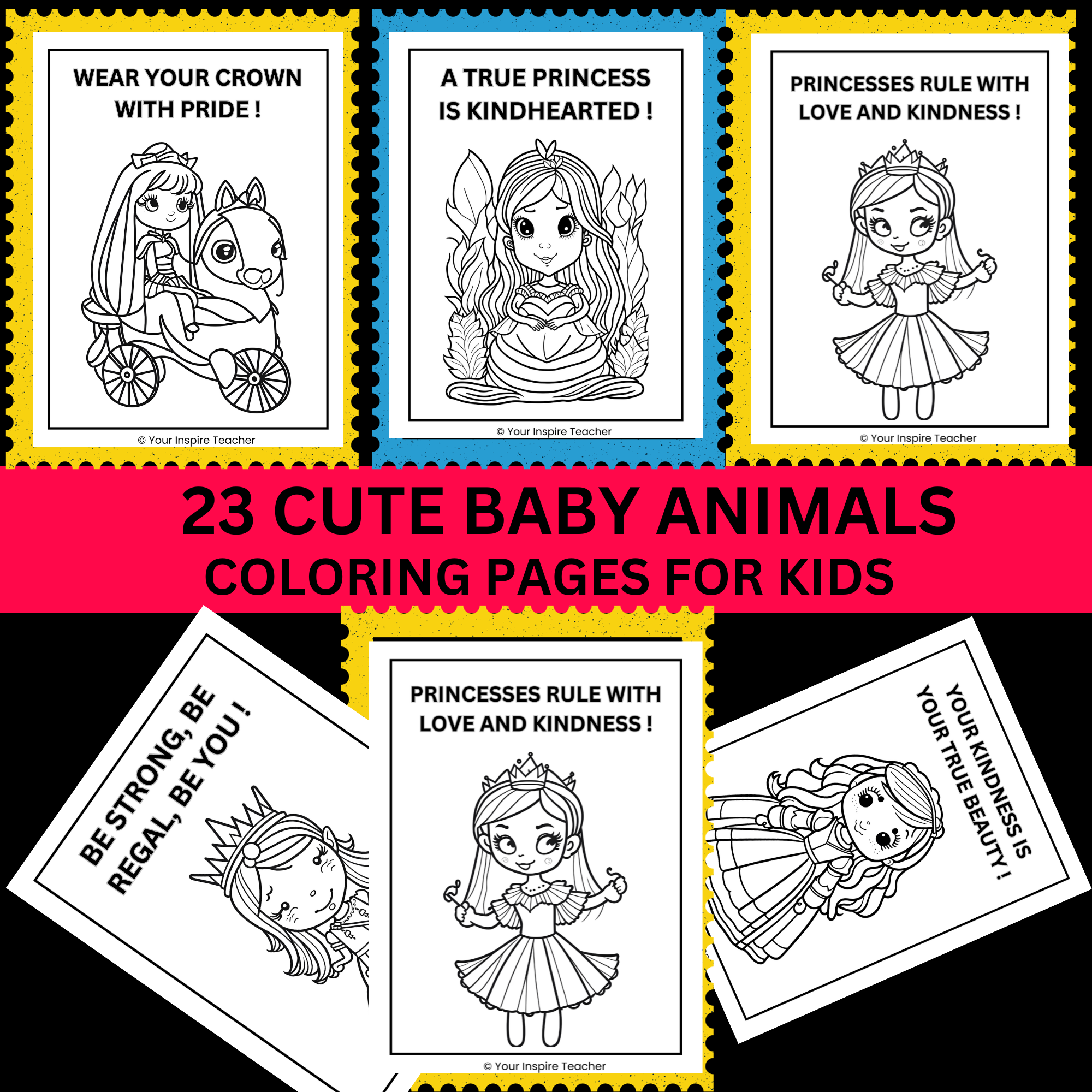 Sweet and cute princess coloring pages with motivational quotes