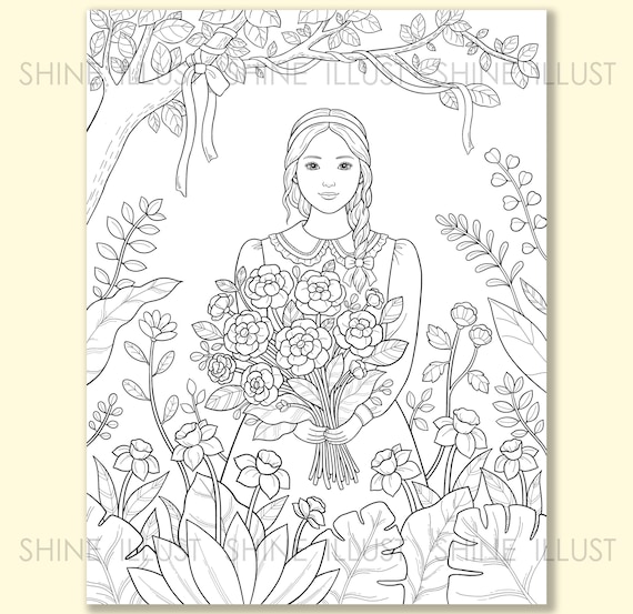 Printable coloring page girl with flowers coloring sheet coloring page coloring page beautiful girl flower coloring download now