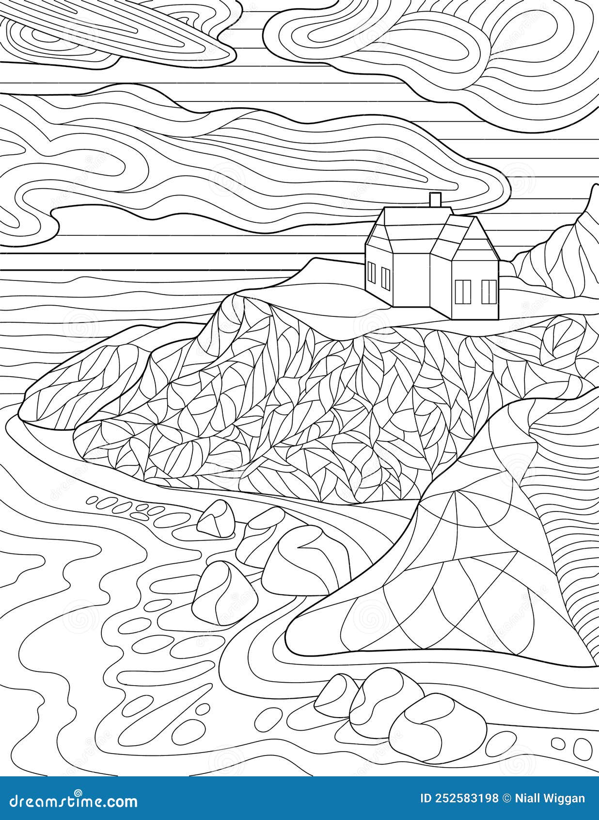 Coloring page with detailed house on hill clouds rocks and ocean sheet to be colored with home on top of cliff and stock illustration