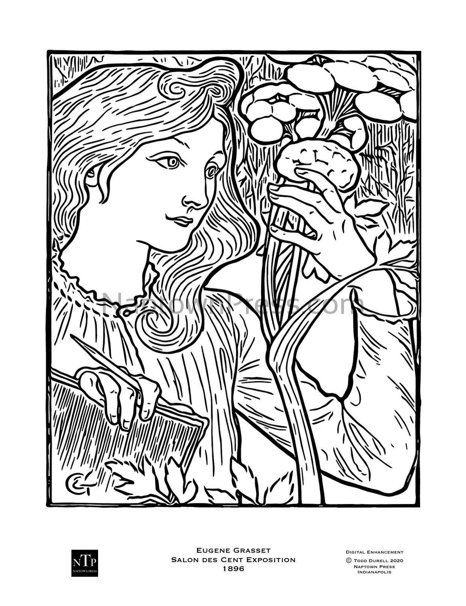 Printable coloring page art nouveau woman with flowers â naptown press