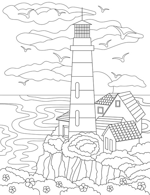 Premium vector coloring page with houses on hill next to lighthouse ocean and birds in sky sheet to be colored with buildings on top of cliff see clouds and doves
