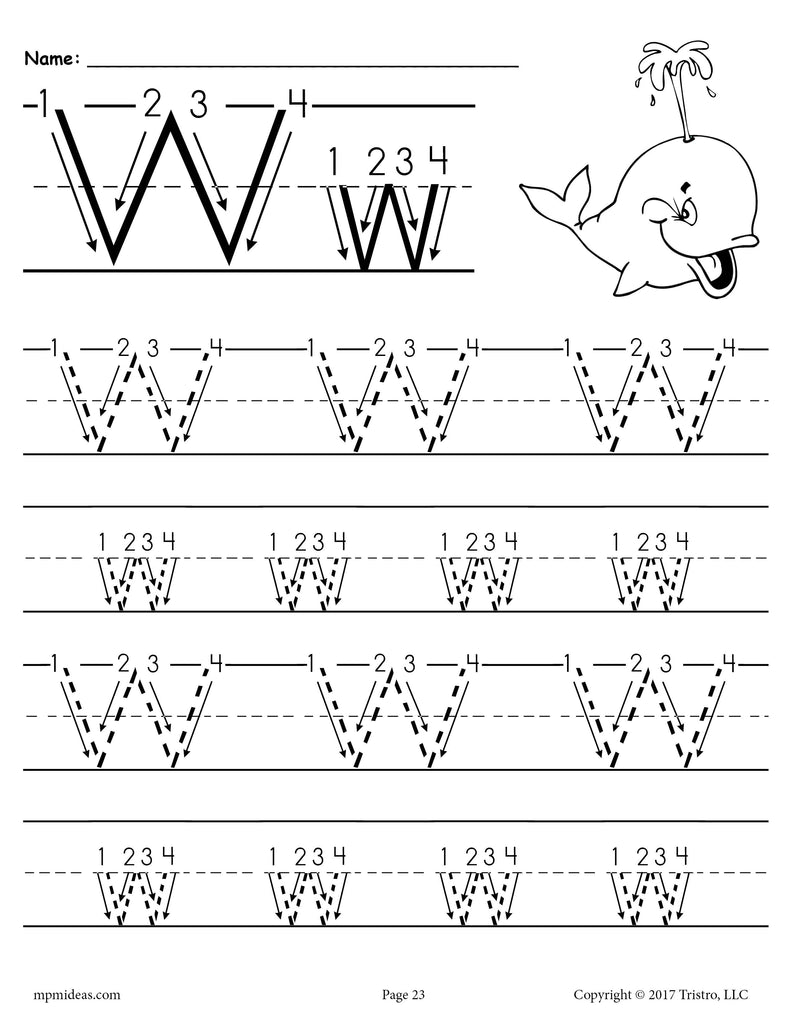Printable letter w tracing worksheet with number and arrow guides â