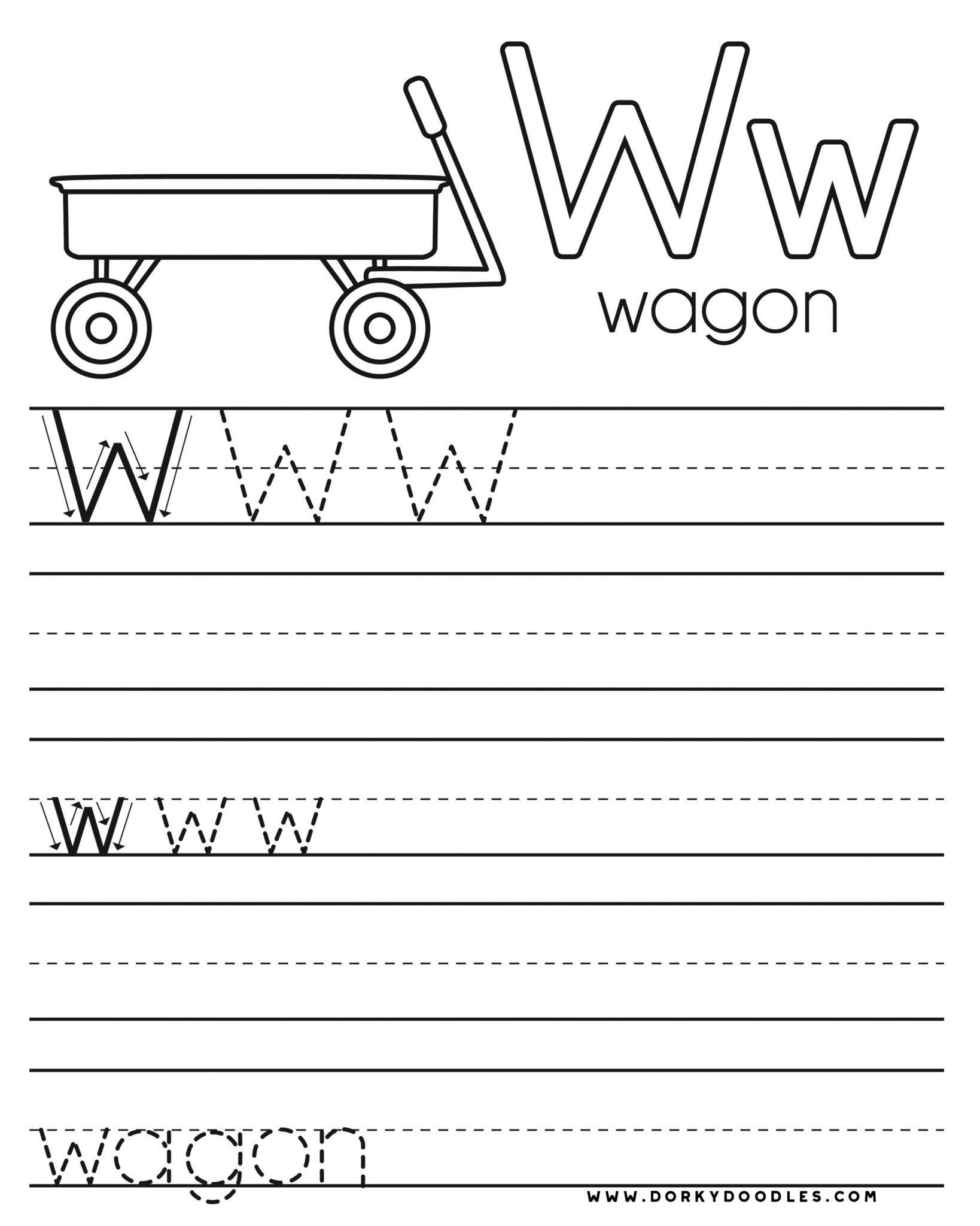 Letter w coloring page and writing practice â dorky doodles