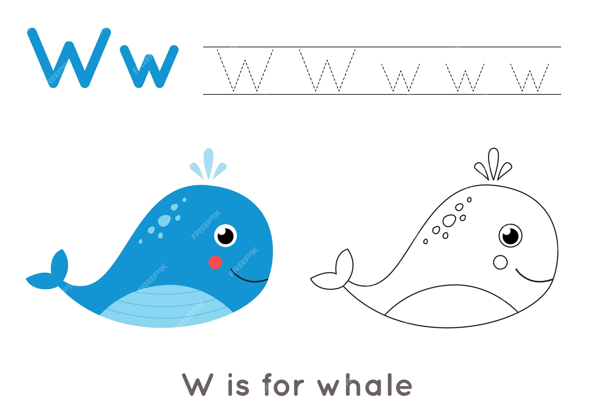 Premium vector coloring page with cute cartoon whale alphabet tracing worksheet with letter w handwriting practice for kids