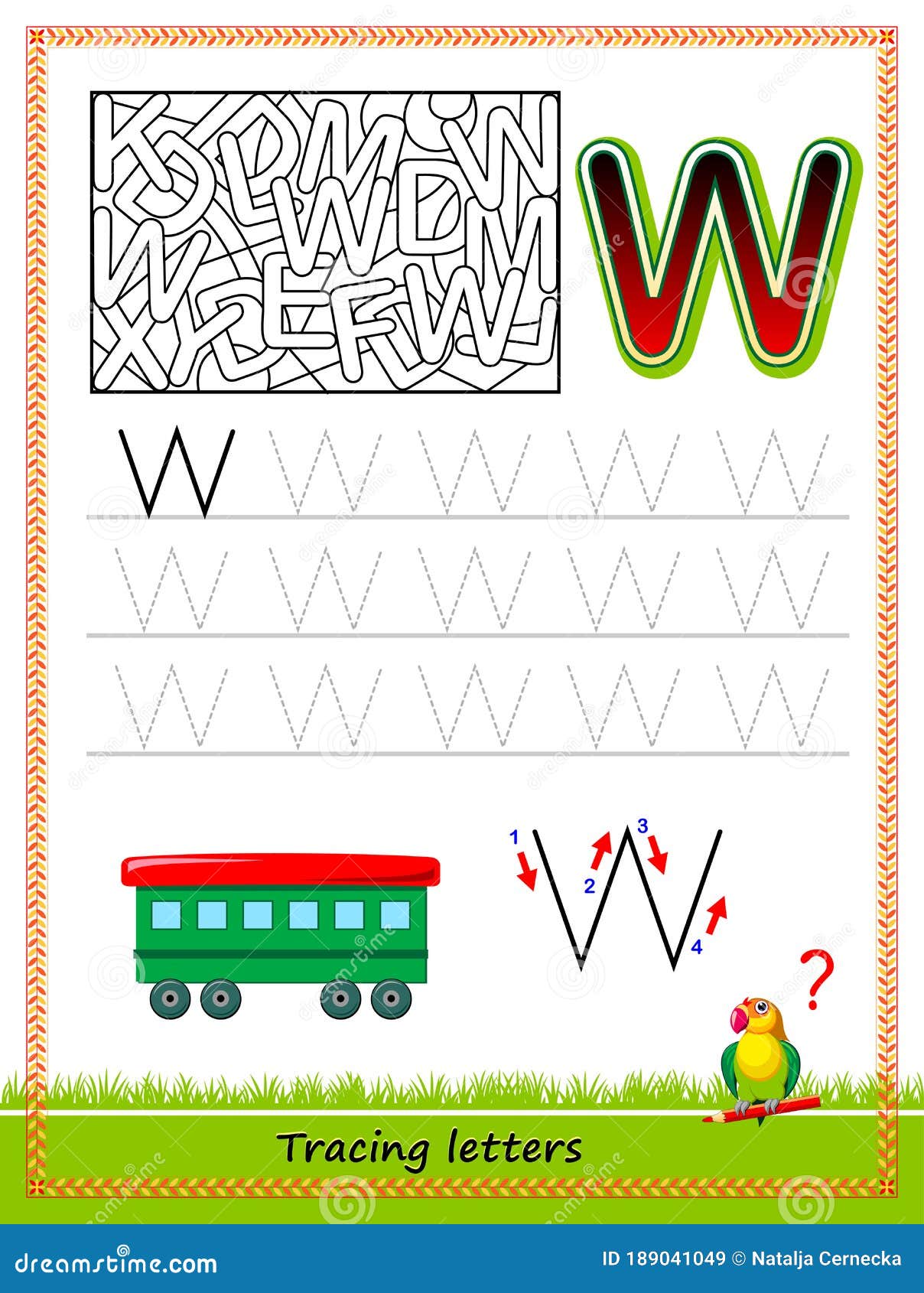 Worksheet for tracing letters find and paint all letters w kids activity sheet educational page for children coloring book stock vector