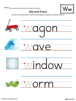 Say and trace letter w beginning sound words worksheet color