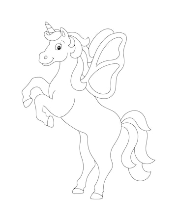 Premium vector beautiful unicorn with wings reared up coloring book page for kids cartoon style character