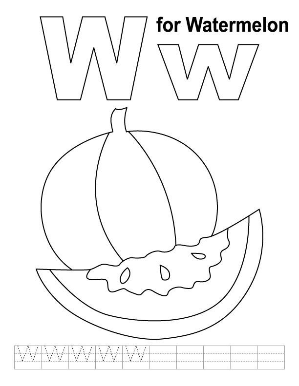 W for watermelon coloring page with handwriting practice kids handwriting practice alphabet coloring pages preschool coloring pages