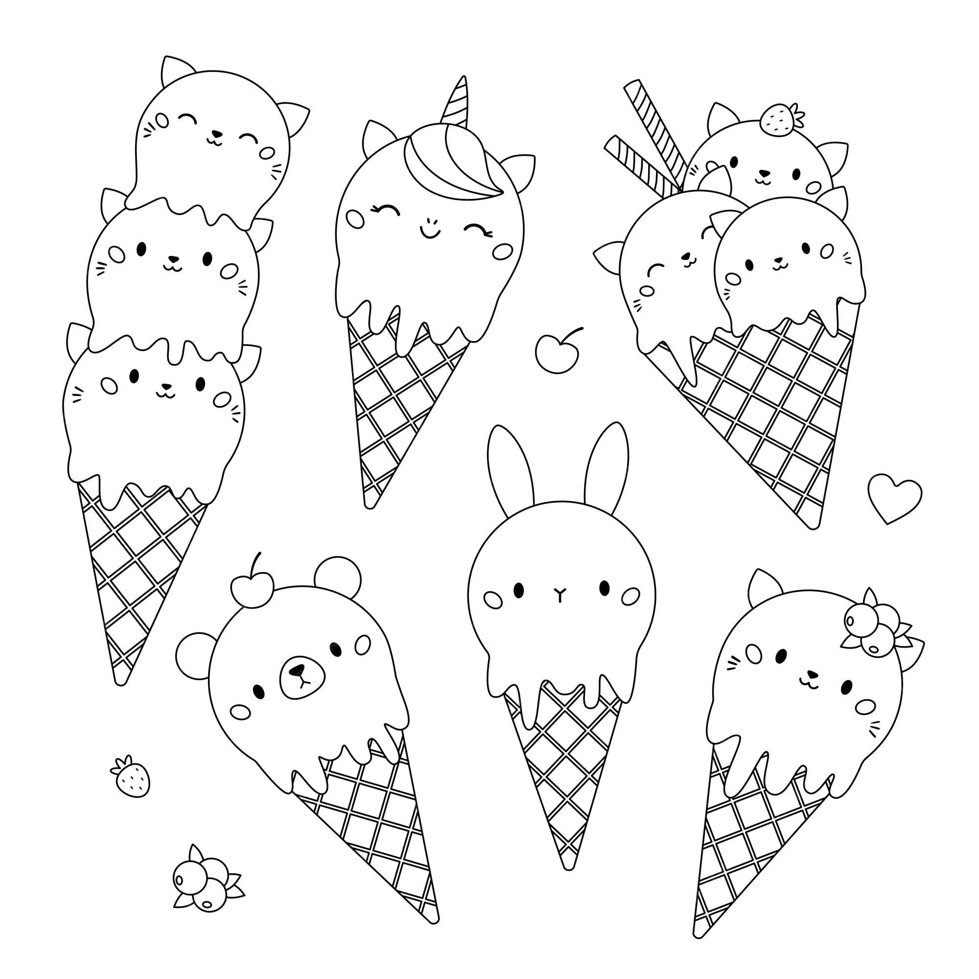 Premium vector kawaii coloring page with cute ice cream in waffle cone