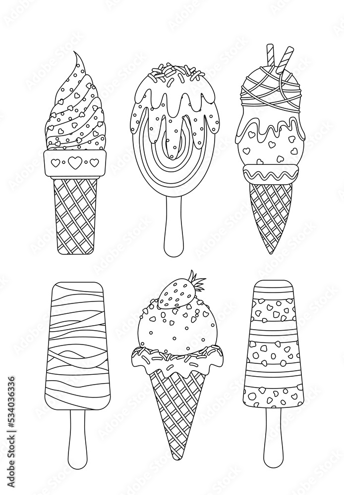 Ice cream coloring page set waffle cone popsicle soft serve stick outline vector vector