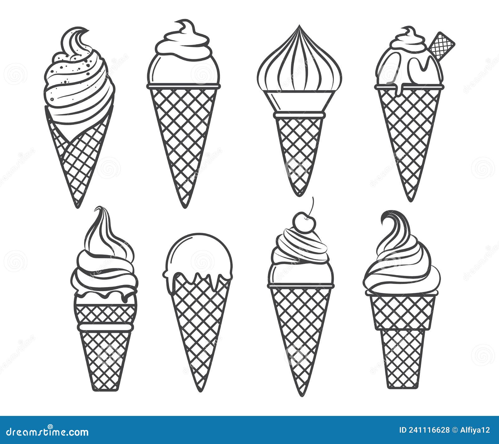 Set of waffle cone ice creams outline for coloring bookline art design for kids coloring page stock illustration