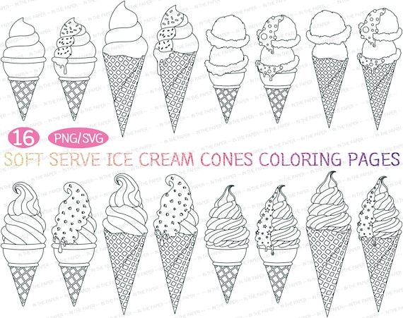 Soft serve ice cream coloring page waffle cone svg png melted chocolate clipart dessert for kid for adults summer sprinkle cute
