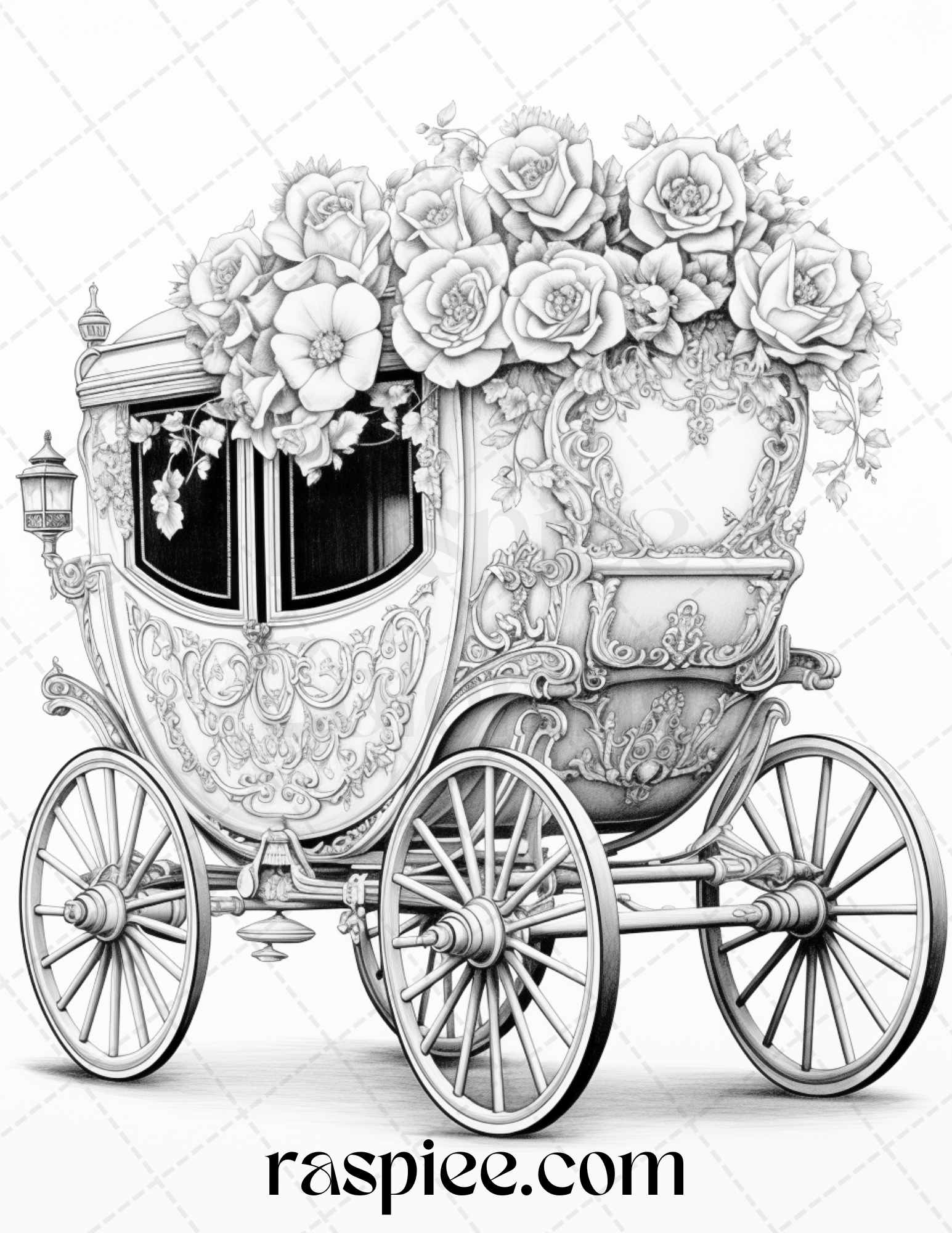 Vintage flower carriage grayscale coloring pages printable for adults â coloring