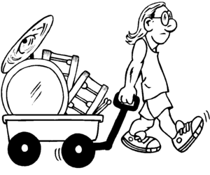 Guy with wheelbarrow of drums coloring page