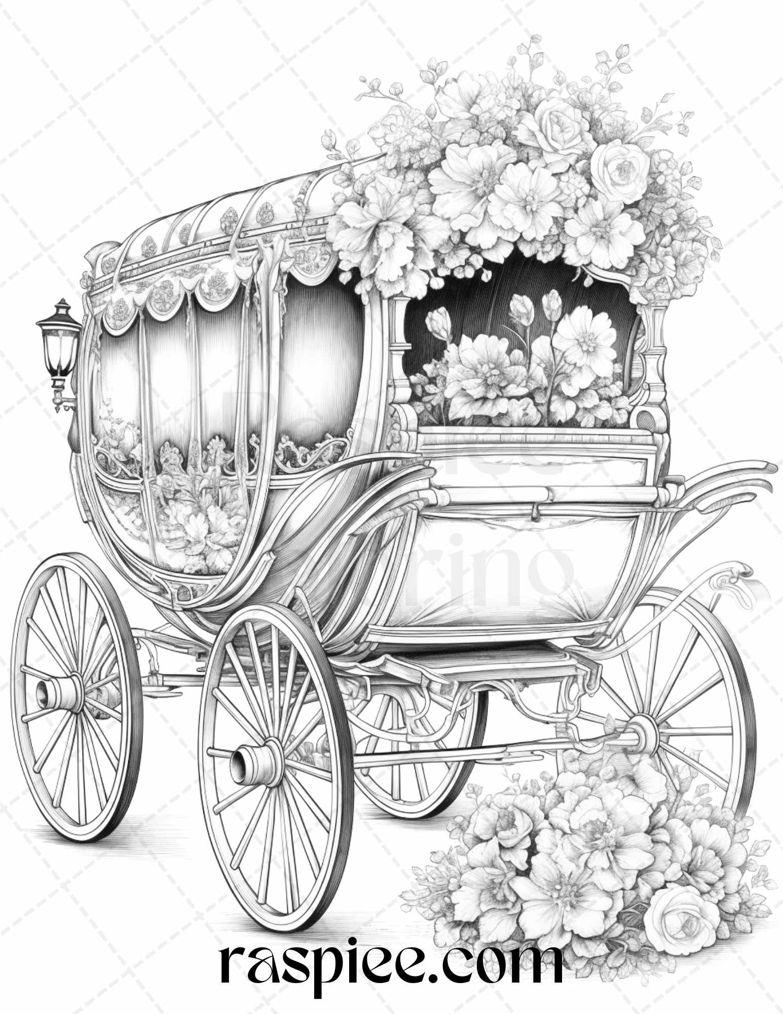 Vintage flower carriage grayscale coloring pages printable for adults â coloring