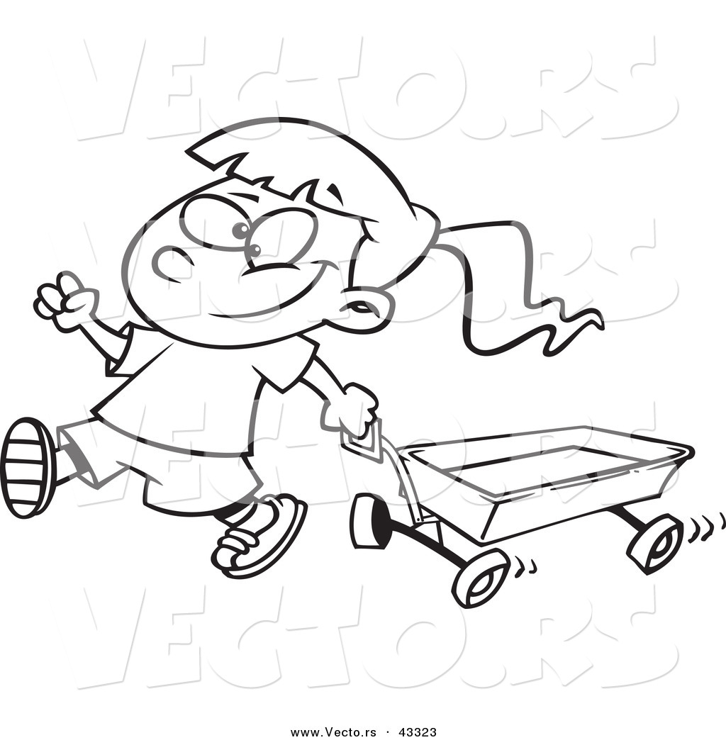 R of a happy cartoon girl pulling a wagon