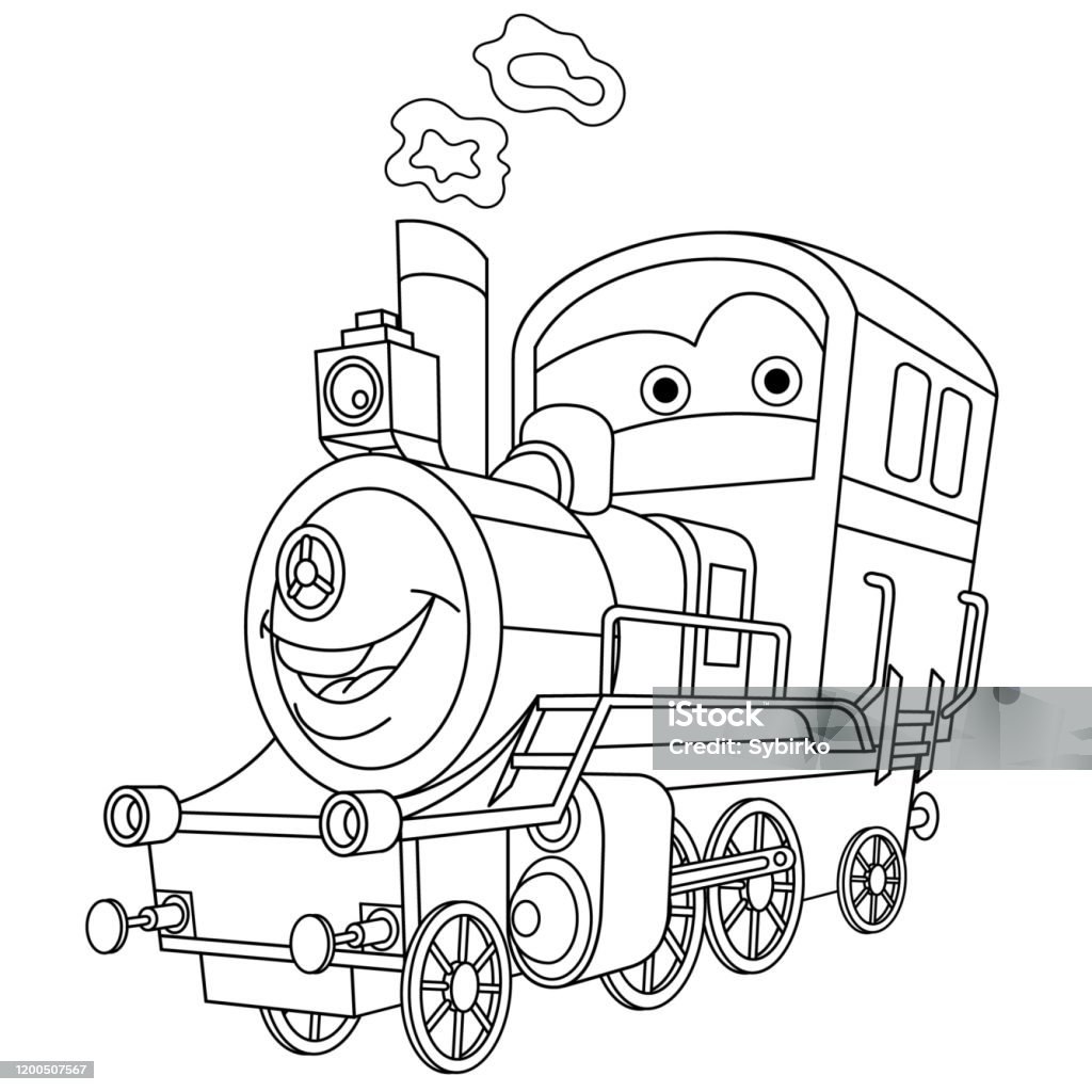 Coloring page of cartoon steam train lootive stock illustration