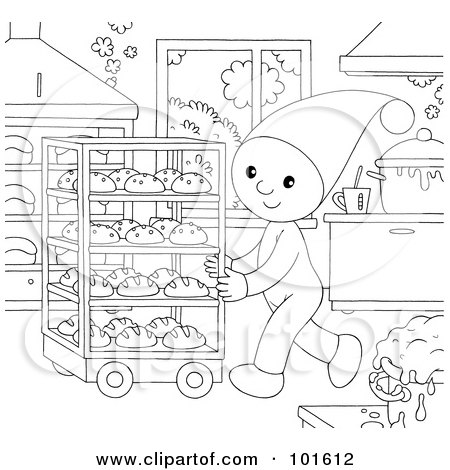 Coloring page outline of a chef elf pushing a cart of breads posters art prints by