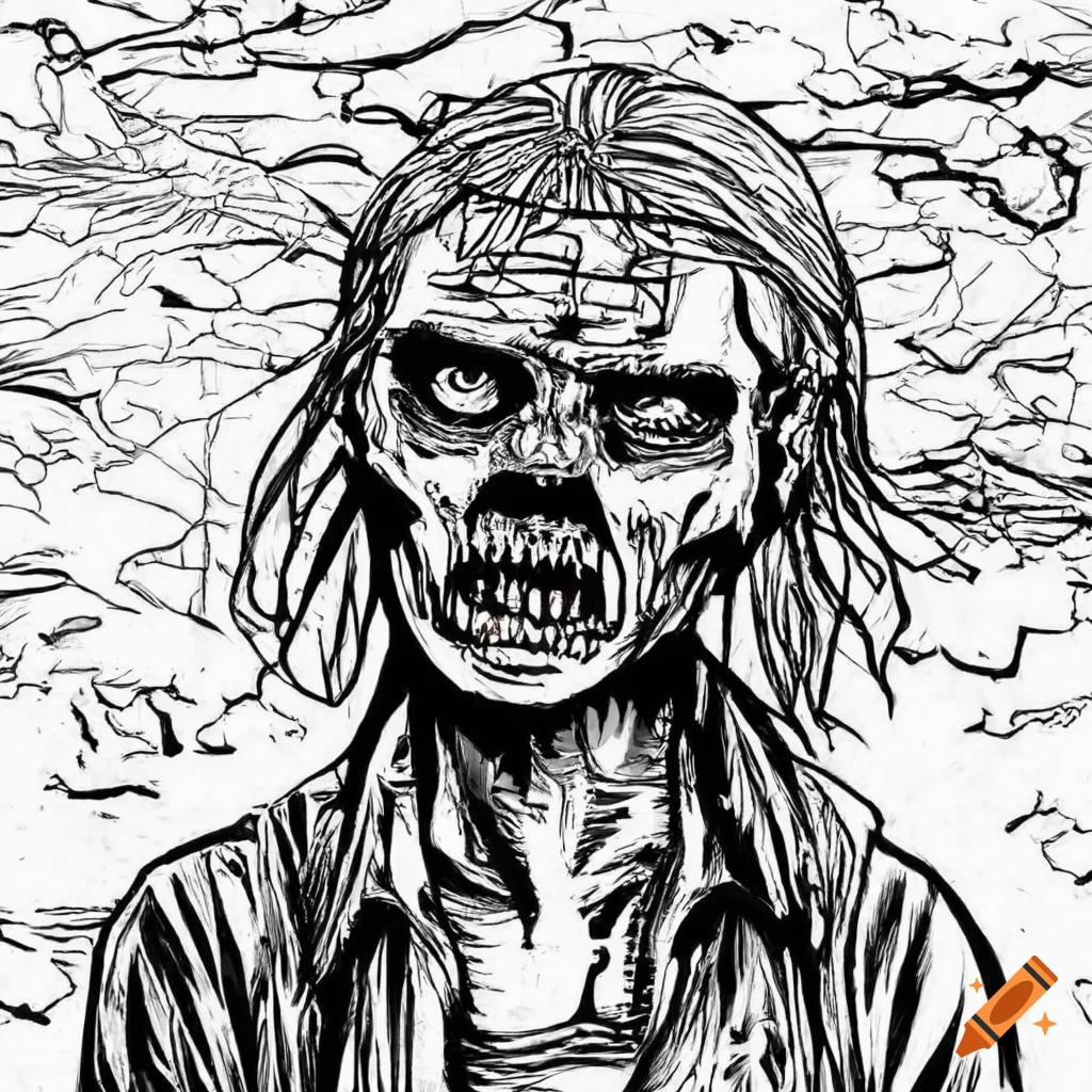Walking dead coloring book page black and white horror cartoon on