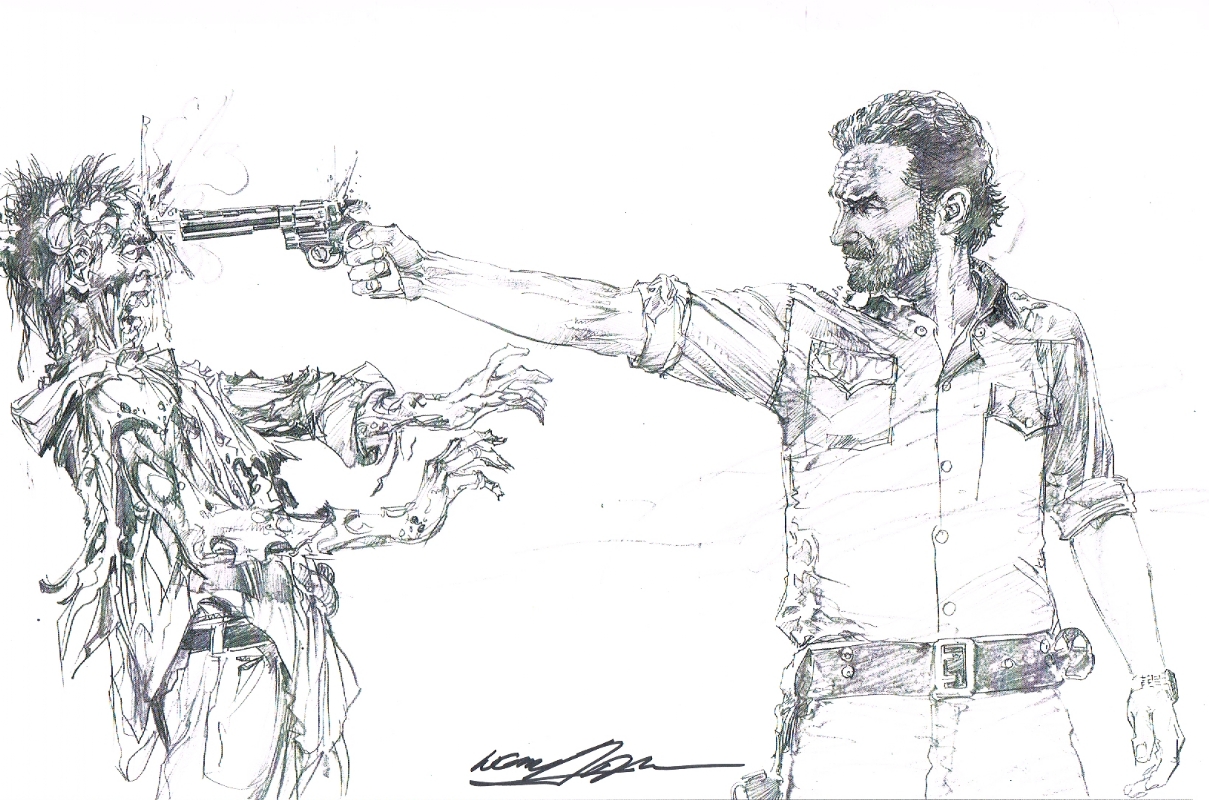 Walking dead sheriff rick grimes shoots zombie print signed neal adams in inkwell awardss prints and sketchbook donations ic art gallery room