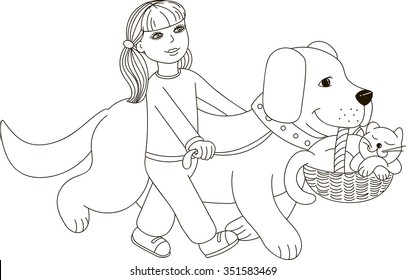 Girl walking dog on leash cat stock vector royalty free