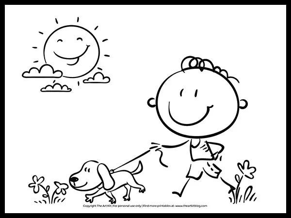 Free boy walking his dog coloring page â the art kit