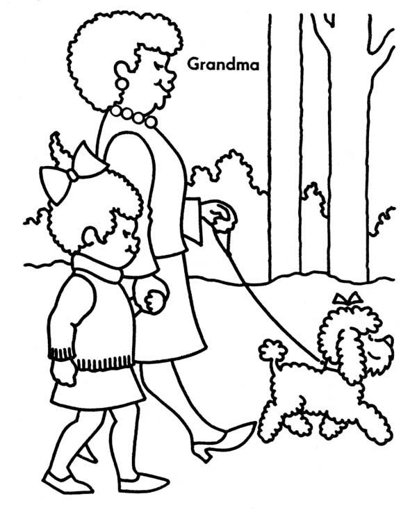 Walking the dog with grandma on gran parents day coloring page