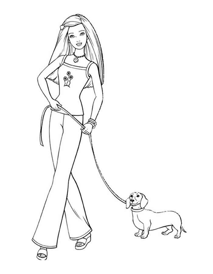 Barbie walking the dog coloring page