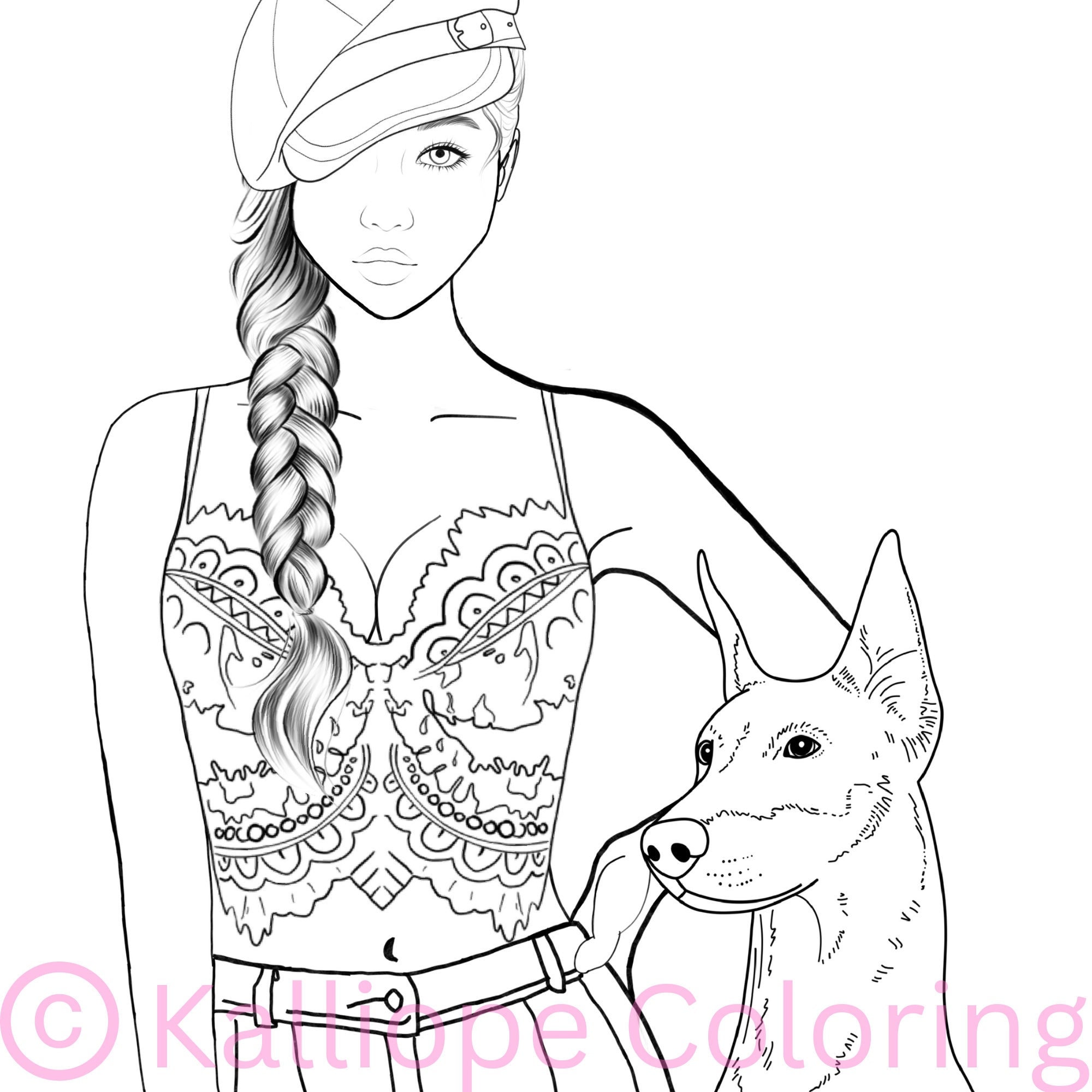 Adult coloring pages printable fashion girl with doberman dog coloring page woman wearing hat with dog digital coloring download page