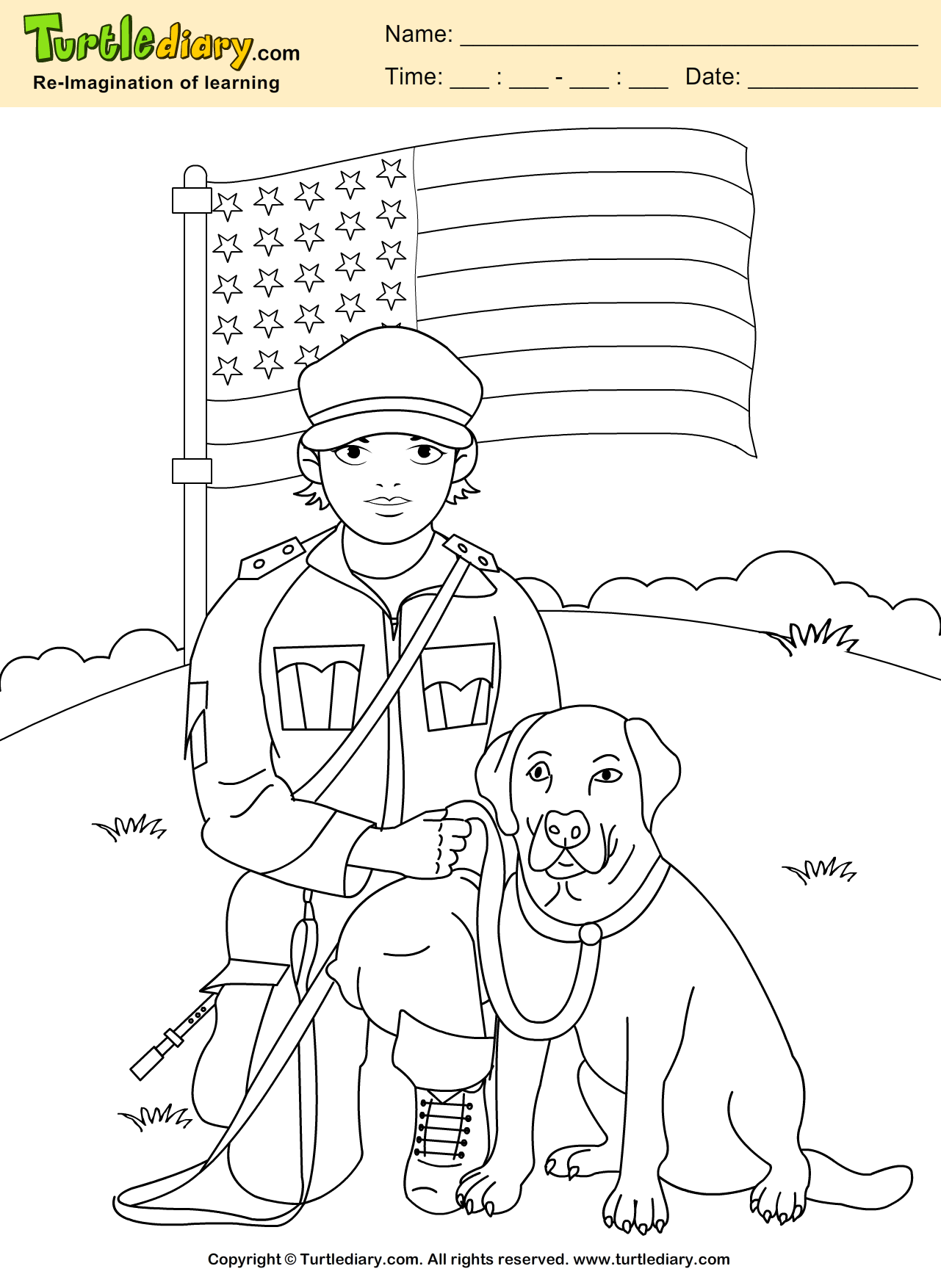 Soldier with dog coloring sheet turtle diary