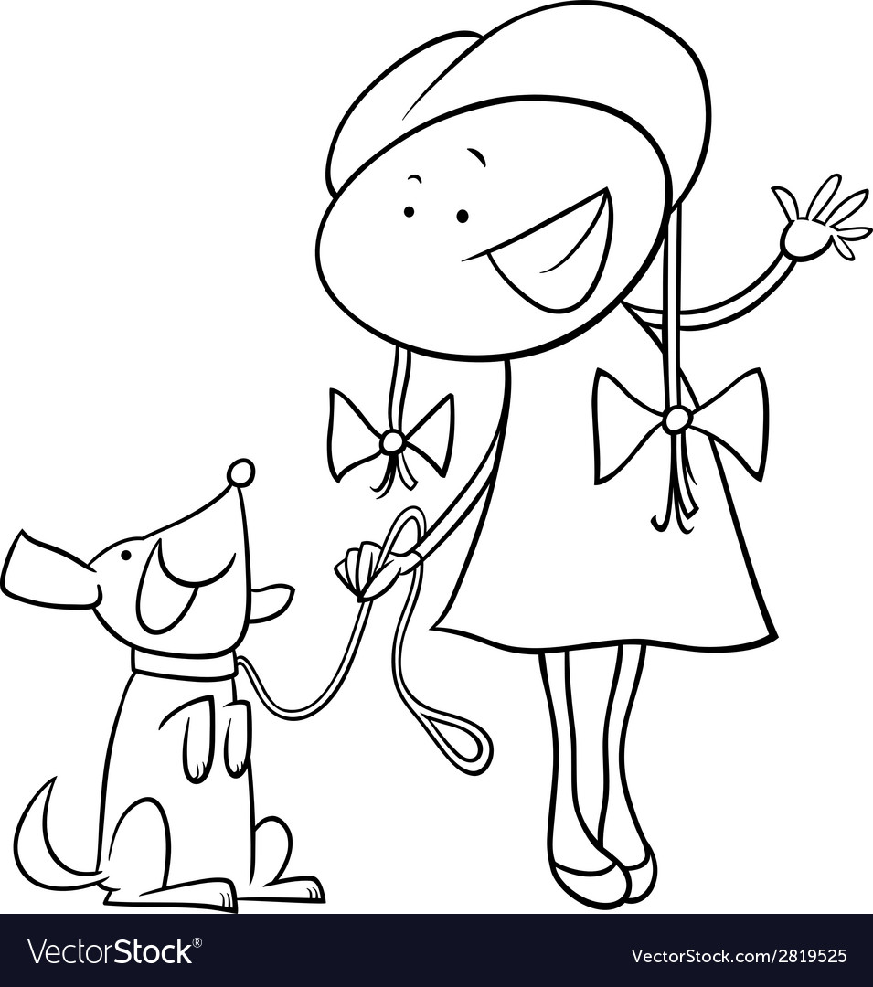 Cute girl with dog coloring page royalty free vector image