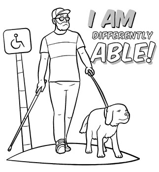 Blind man with dog disability people coloring page by scworkspace