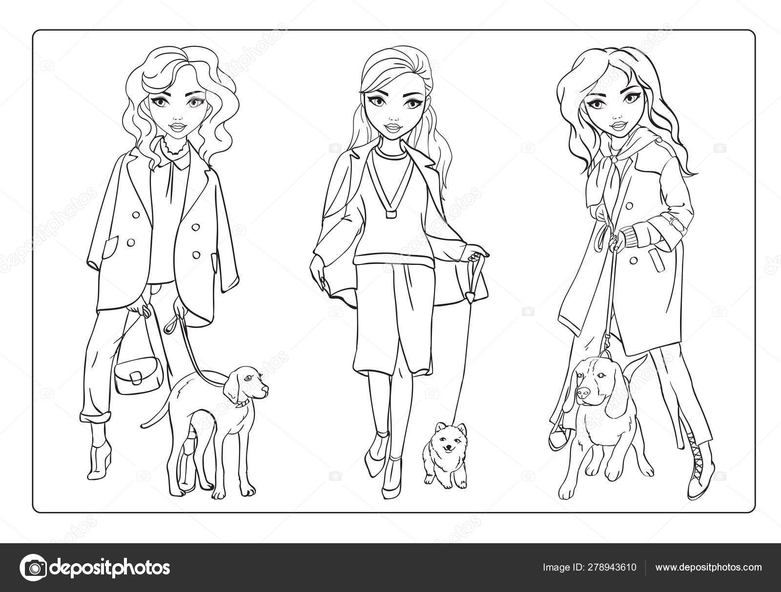 Coloring book girls walk with their dogs stock vector by ingasmk