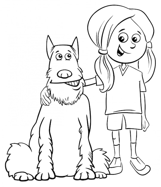 Premium vector kid girl with ic dog coloring book