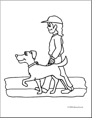 Clip art kids chores walking the dog coloring page i