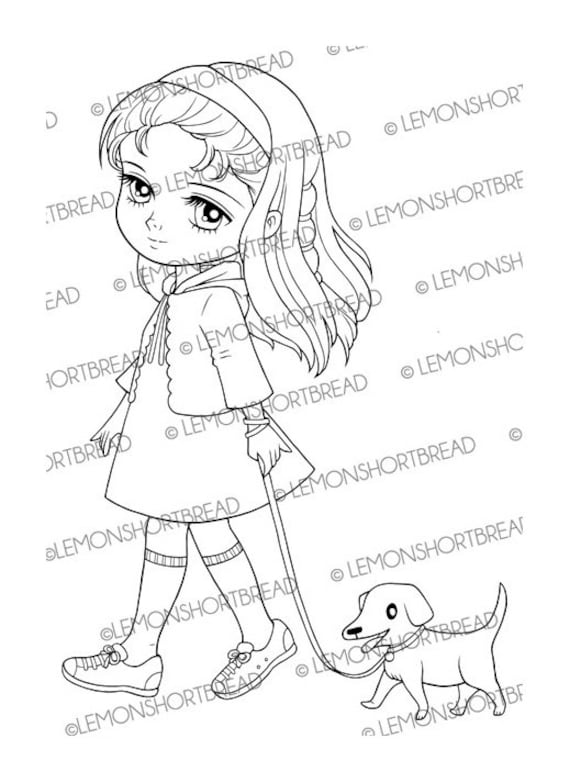 Digital stamp girl walking dog puppy digi coloring page pets summer autumn children anime art download