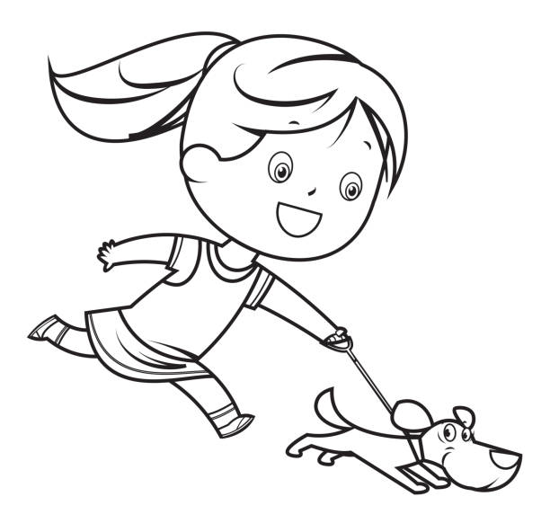 Coloring book girl walking with dog stock illustration