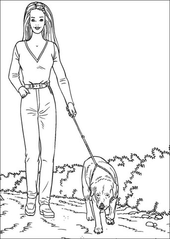 Barbie is walking the dog coloring page free printable coloring pages