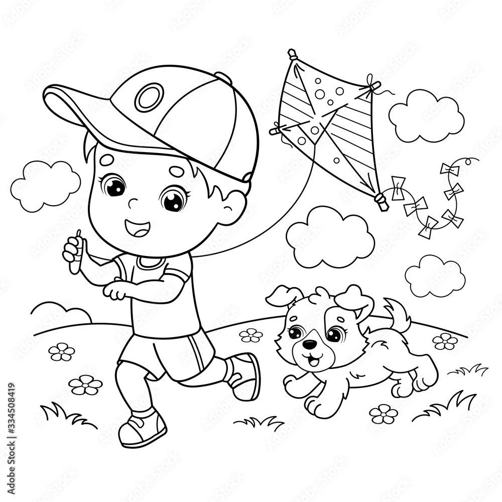 Coloring page outline of cartoon boy running with a kite with dog coloring book for kids vector